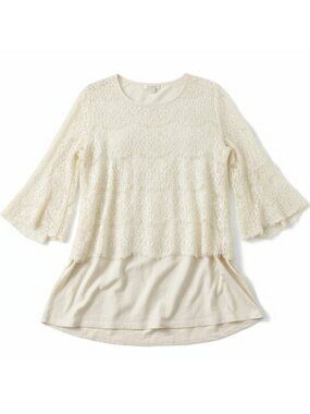 Pleione Lace Tunic Top Romantic Cottagecore Ivory 3/4 Sleeve Large